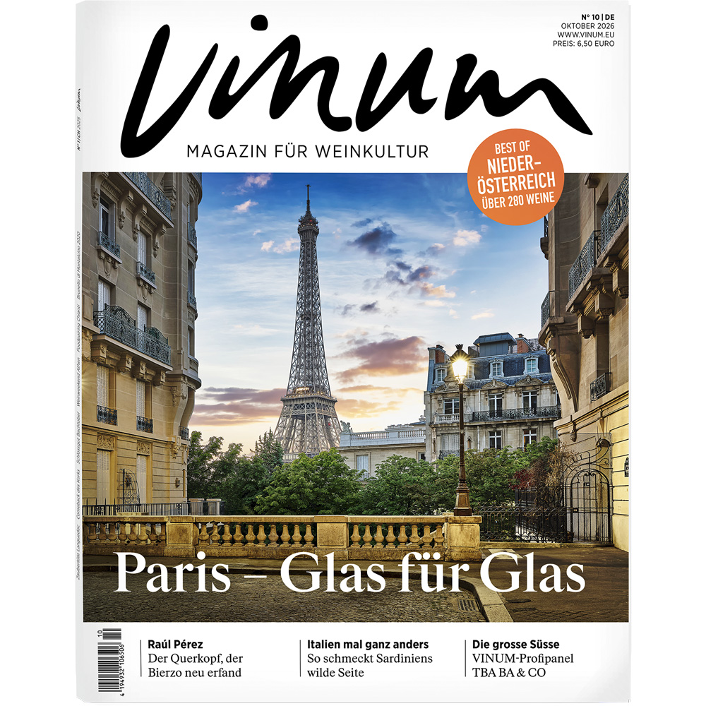 Titelblat der Vinum Oktober 2026. darauf ist abgebildet der Eifelturm mit dem Titel Paris - Glas für Glas